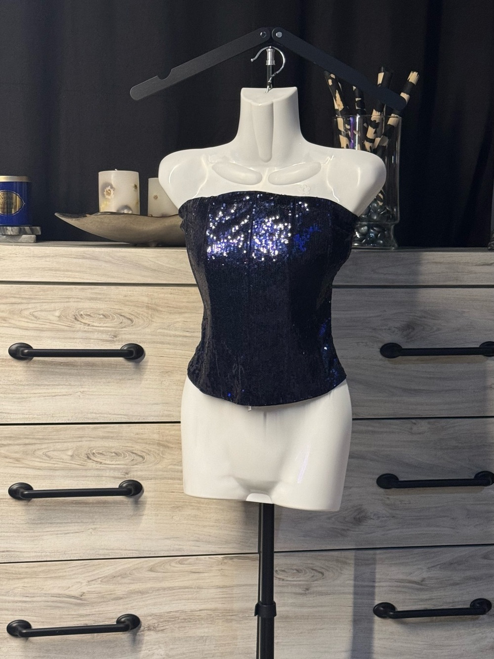 AKIRA Navy Sequin Strapless Tube Top